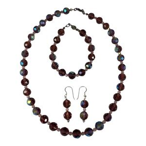 Vintage Iridescent Purple Glass Bead 18" Necklace Bracelet Earrings Jewelry Set